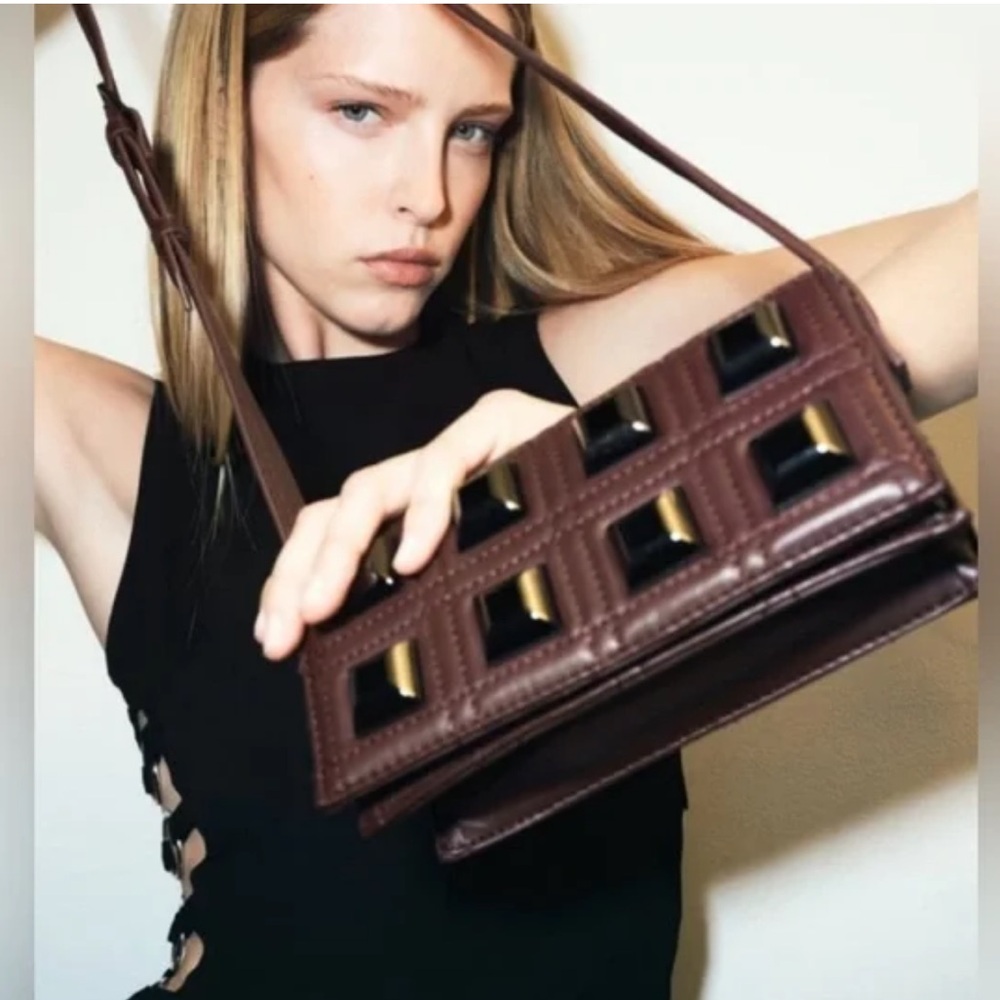 Zara Luxury Minimalist Party Zara Stud Quilted Faux Leather Crossbody Bag